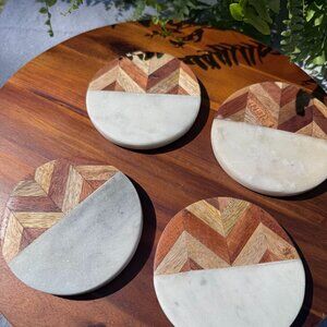 Set of 4 Handcrafted Marble & Acacia Wood Chevron Inlay Coasters